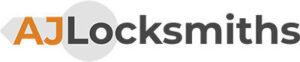 "AJ Locksmiths logo with bold orange 'AJ' beside dark grey 'Locksmiths' text, set against a soft grey backdrop—designed to convey trust and professionalism in domestic and commercial locksmith services."