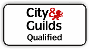 “City & Guilds Qualified badge featuring bold black text, red ampersand, and lion emblem—signifying certified vocational expertise and professional locksmith accreditation.”